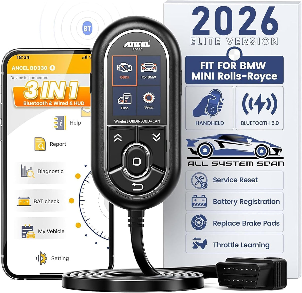 (BD310 amélioré) ANCEL BD330 Conçu pour le lecteur OBD2 BMW – Outil d'enregistrement de batterie, lecteur des codes pour BMW/Mini/RR