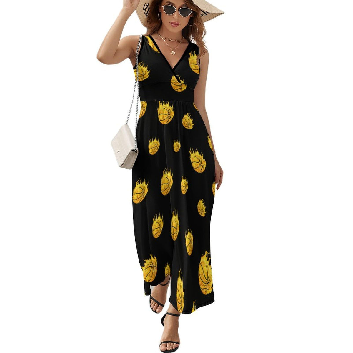 Robe longue sans manches à imprimé ballon de basket enflammé, col V, style décontracté, robe débardeur