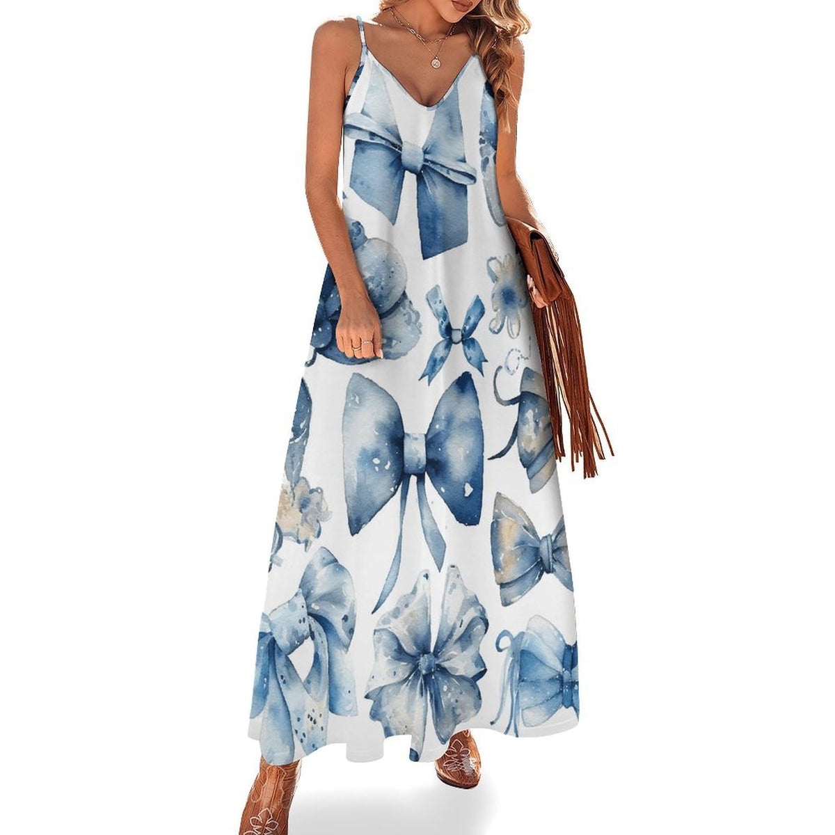 Ensemble de robes maxi à nœuds bleus pour femmes, style décontracté, fluide, idéal pour l'été, les cérémonies et les invitations de mariage.