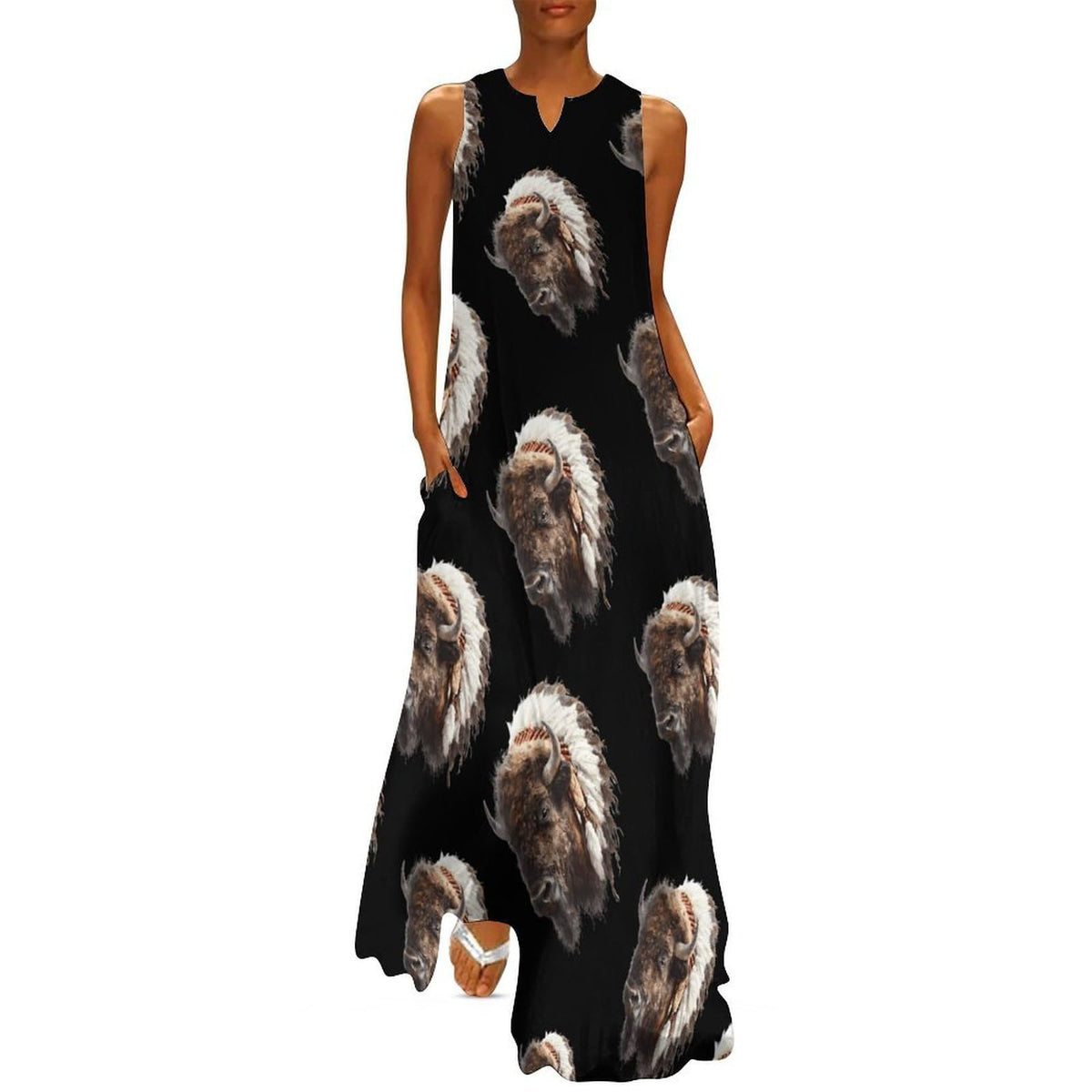Robe longue maxi sans manches pour femme, col en V, coupe ample, style cocktail, avec poches, de la marque Bison Indian American1