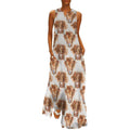 Robe longue maxi d'été pour femme, sans manches, à bretelles, avec motif vache des Highlands aquarelle.