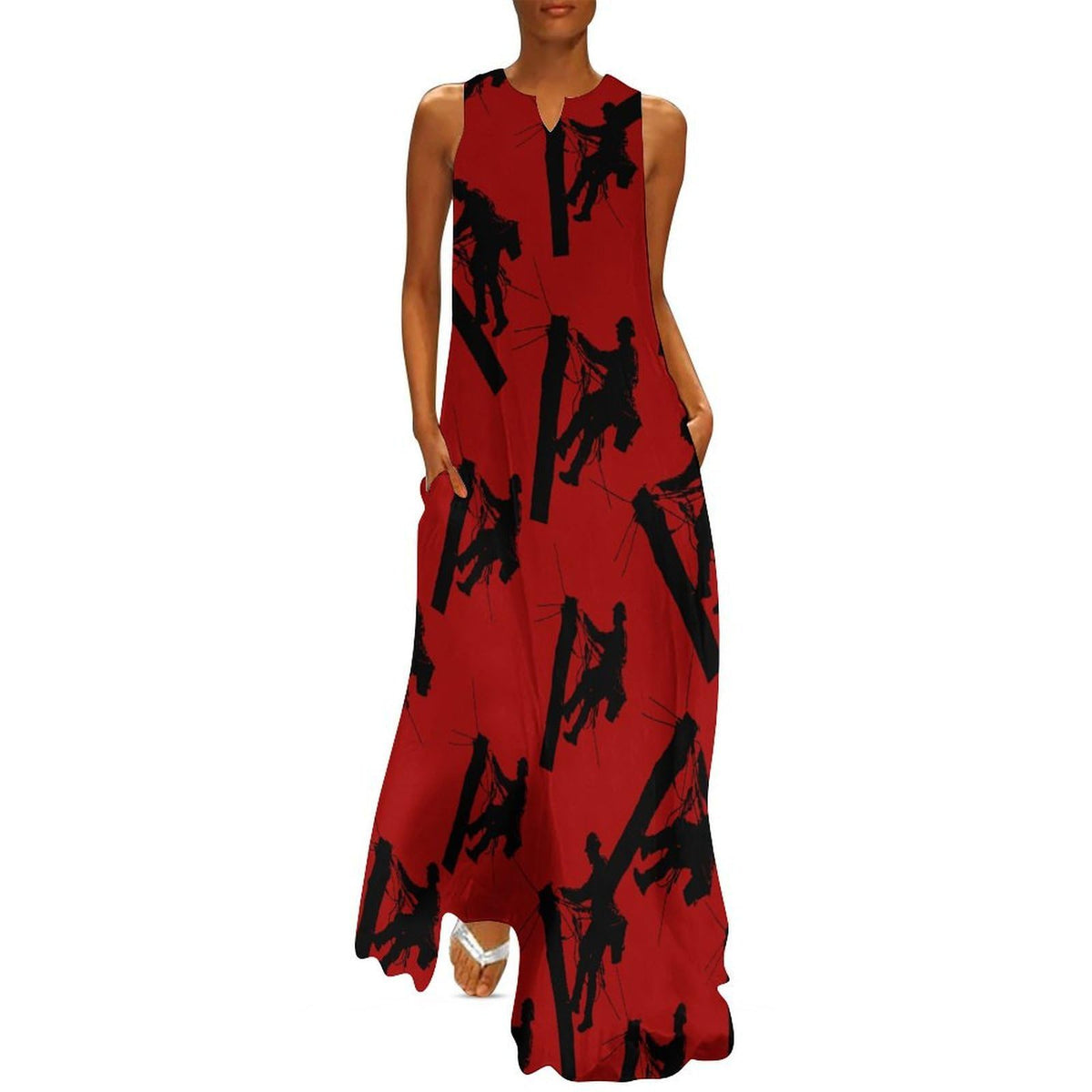 Robe de soirée longue maxi sans manches pour femme, col en V, coupe ample, style cocktail, avec poches