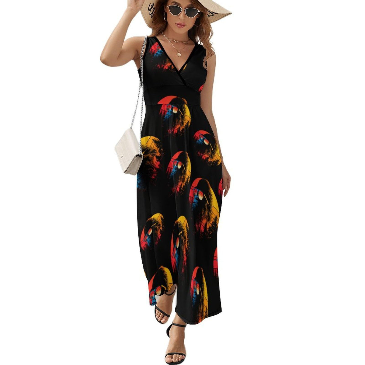 Robe longue d'été sans manches à col en V pour femme, style vintage coucher de soleil, motif Bigfoot avec lunettes.