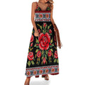 Robe longue maxi fluide et élégante pour femme, style broderie ukrainienne, ornée de roses. Idéale pour l'été, les cérémonies et les mariages. Parfaite pour une invitée.