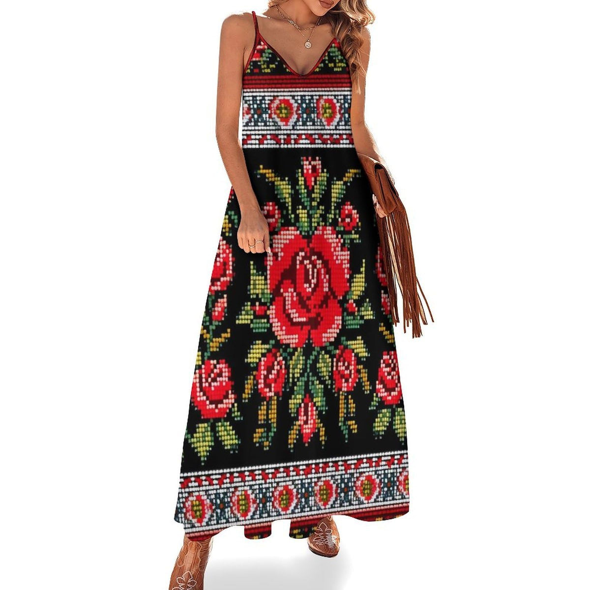 Robe longue maxi fluide et élégante pour femme, style broderie ukrainienne, ornée de roses. Idéale pour l'été, les cérémonies et les mariages. Parfaite pour une invitée.