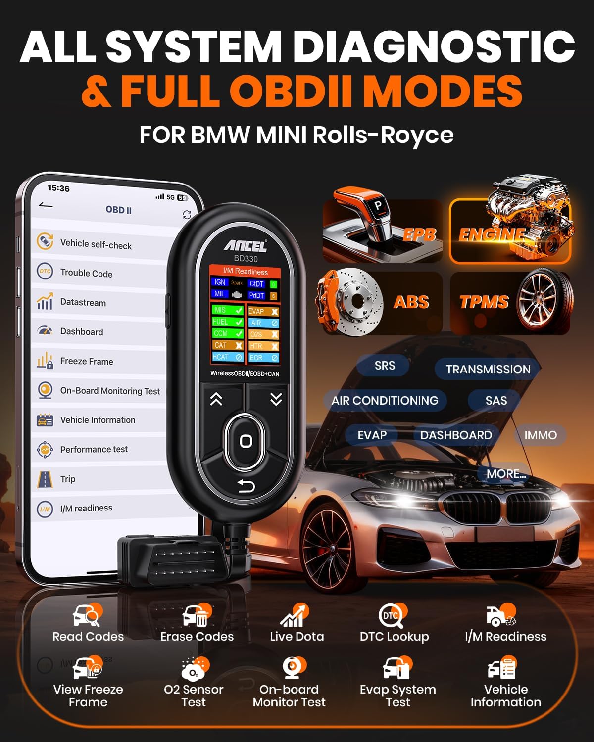 (BD310 amélioré) ANCEL BD330 Conçu pour le lecteur OBD2 BMW – Outil d'enregistrement de batterie, lecteur des codes pour BMW/Mini/RR